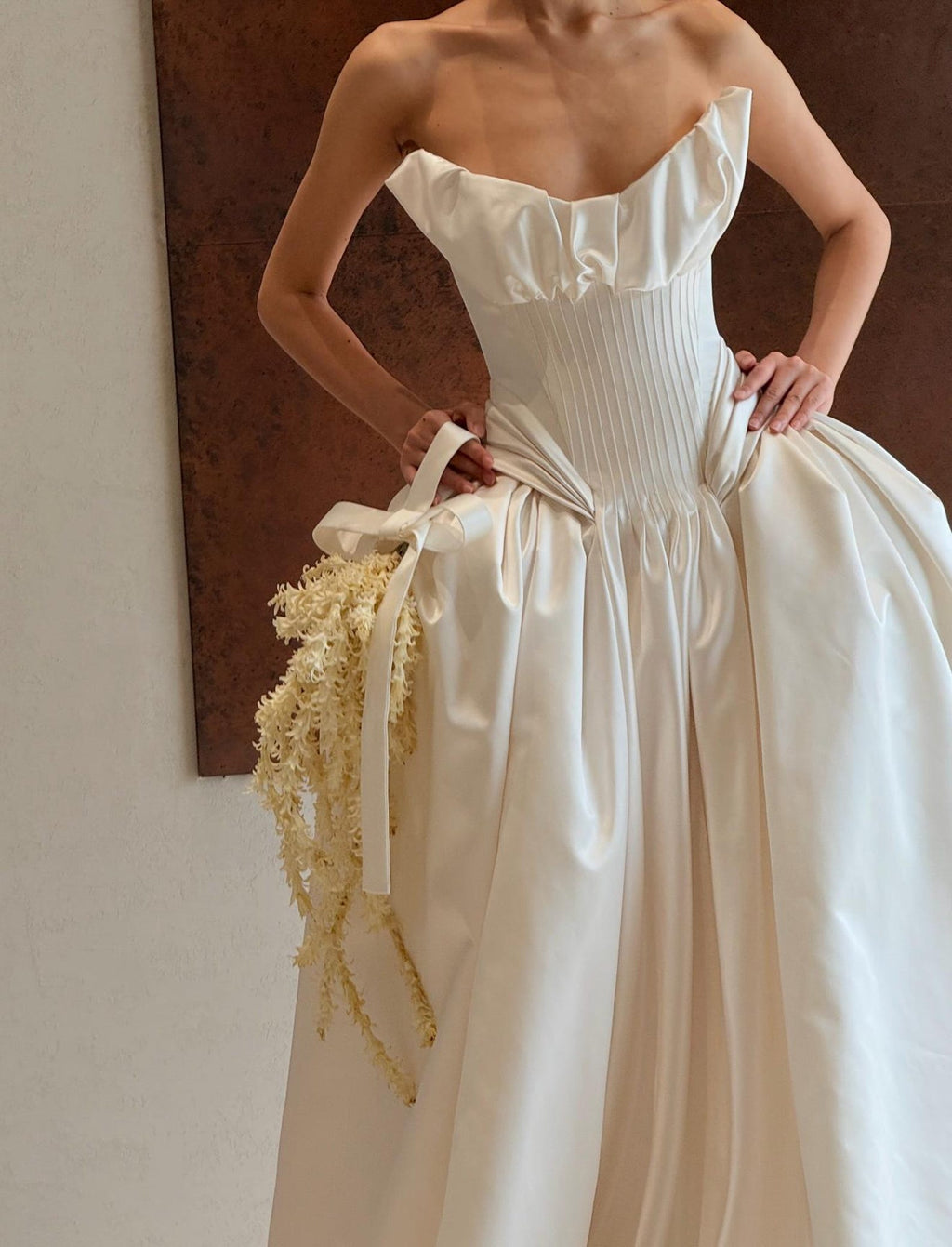 Strapless Ruffled Neck Satin Ball Gown Wedding Dress, Vertical Pleated Corset Bodice, Voluminous Skirt Cathedral Train Custom Bridal Gown