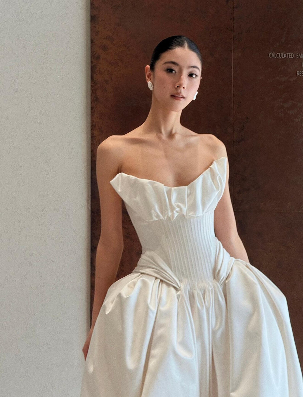 Strapless Ruffled Neck Satin Ball Gown Wedding Dress, Vertical Pleated Corset Bodice, Voluminous Skirt Cathedral Train Custom Bridal Gown