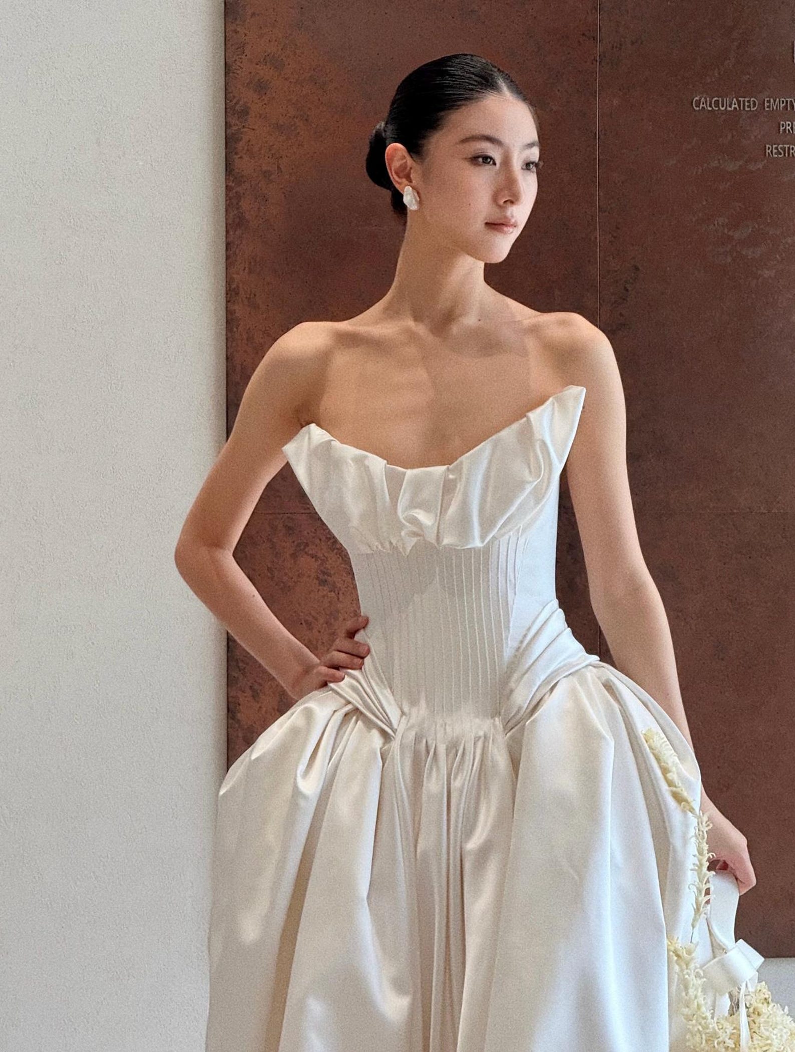 Strapless Ruffled Neck Satin Ball Gown Wedding Dress, Vertical Pleated Corset Bodice, Voluminous Skirt Cathedral Train Custom Bridal Gown