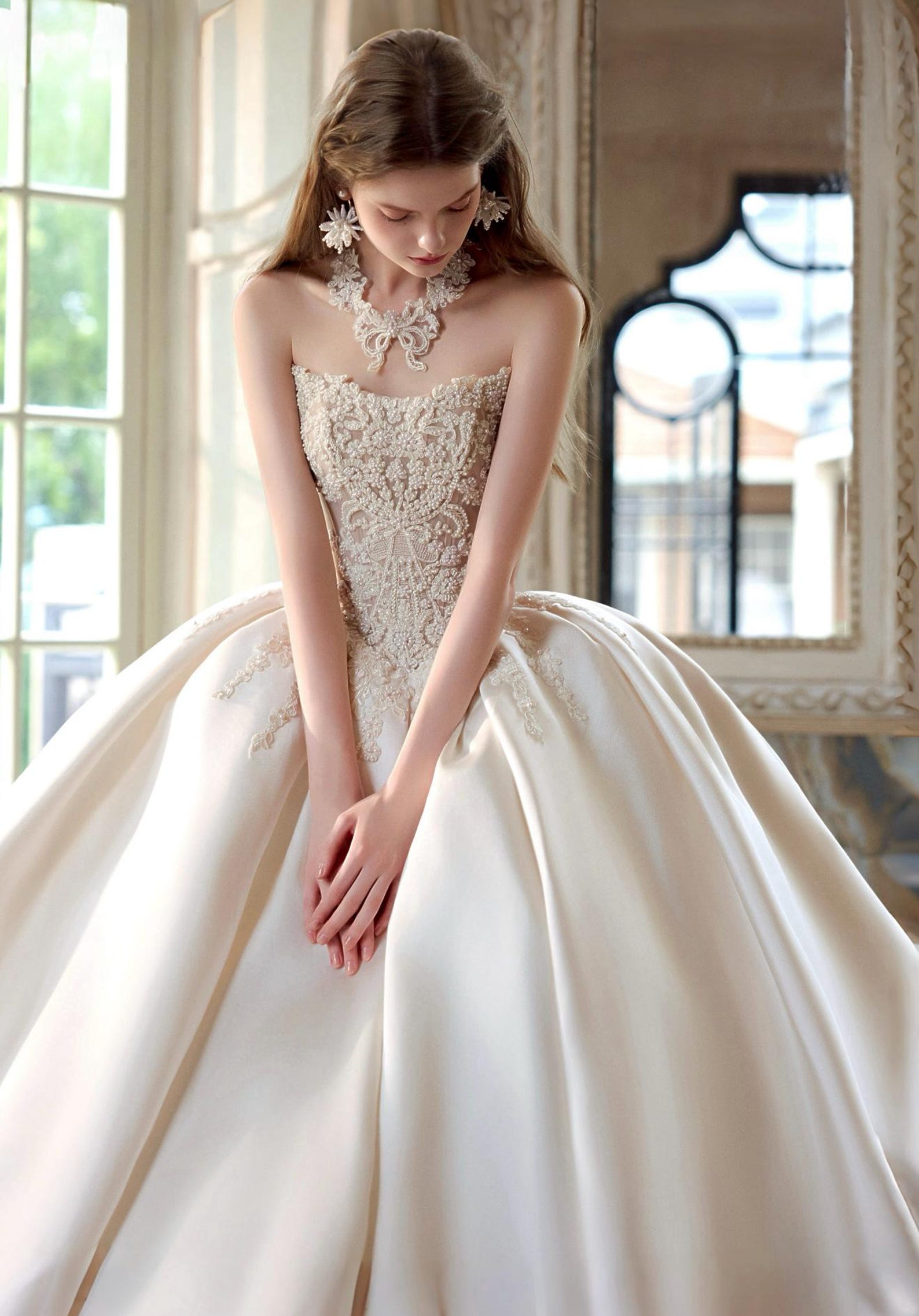 Strapless Beaded Lace Satin Ball Gown Wedding Dress, Sheer Corset Bodice, Voluminous Skirt Cathedral Train Custom Bridal Gown