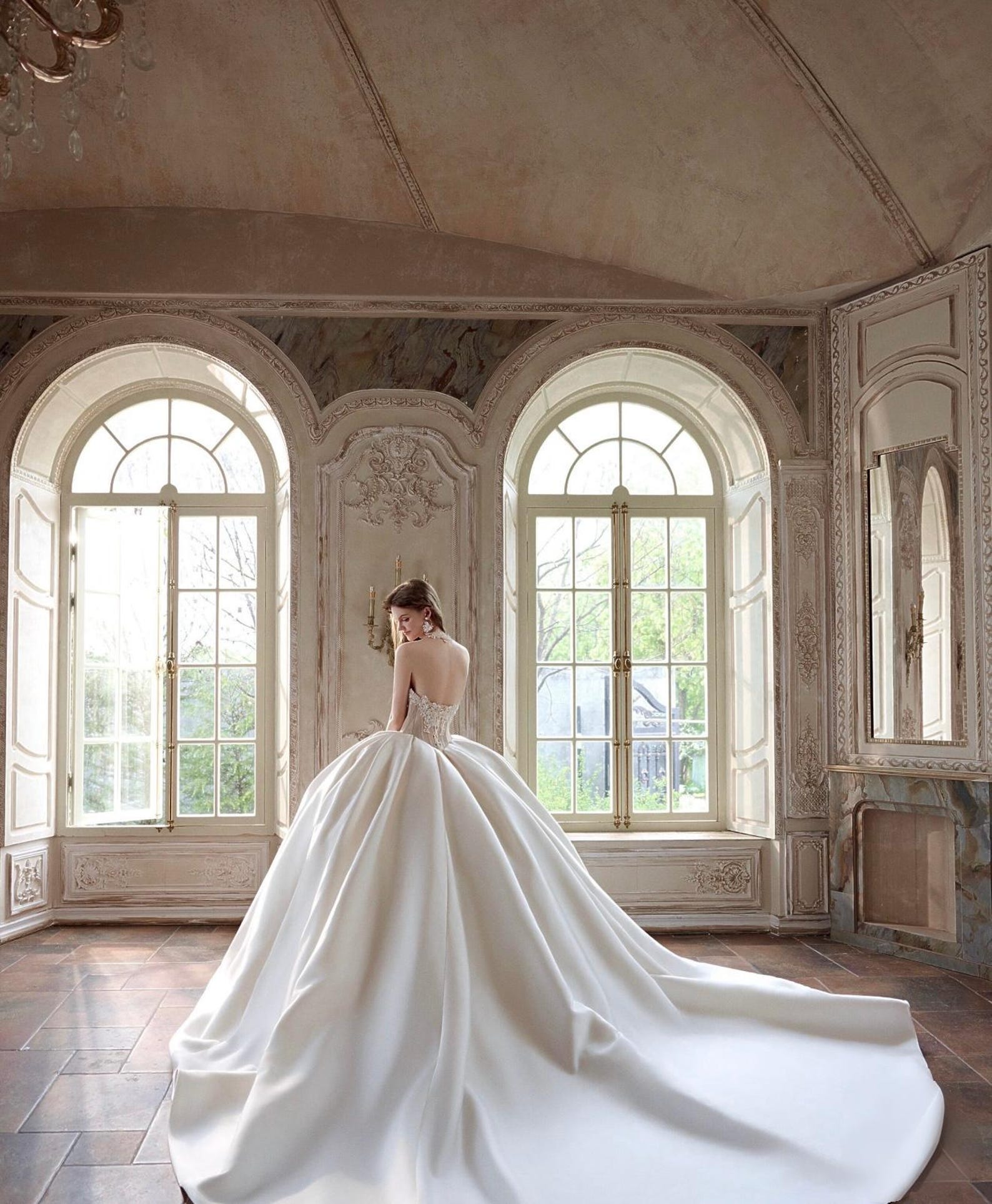 Strapless Beaded Lace Satin Ball Gown Wedding Dress, Sheer Corset Bodice, Voluminous Skirt Cathedral Train Custom Bridal Gown