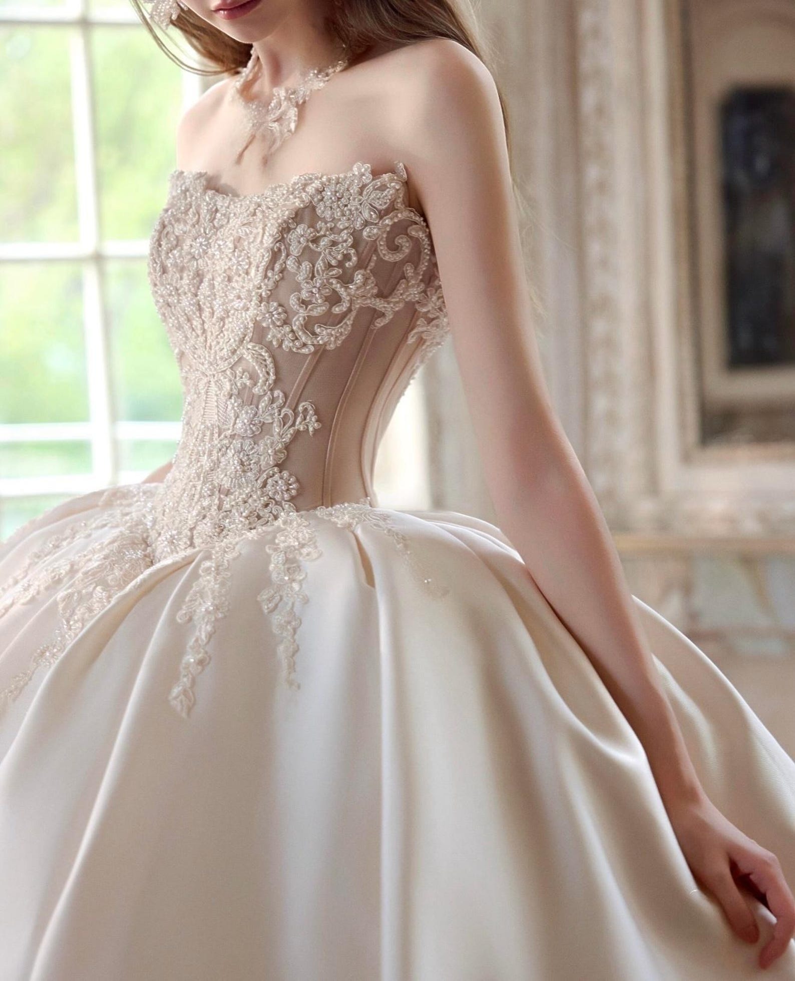 Strapless Beaded Lace Satin Ball Gown Wedding Dress, Sheer Corset Bodice, Voluminous Skirt Cathedral Train Custom Bridal Gown