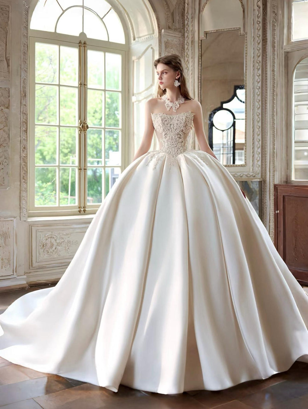 Strapless Beaded Lace Satin Ball Gown Wedding Dress, Sheer Corset Bodice, Voluminous Skirt Cathedral Train Custom Bridal Gown