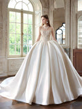 Strapless Beaded Lace Satin Ball Gown Wedding Dress, Sheer Corset Bodice, Voluminous Skirt Cathedral Train Custom Bridal Gown
