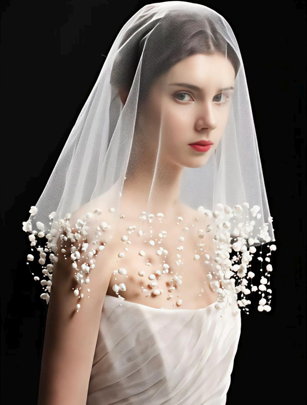 Short Lily of the Valley Beaded Wedding Veil, Handcrafted Floral Fringe Bridal Veil, Romantic Blusher Bride Accessory