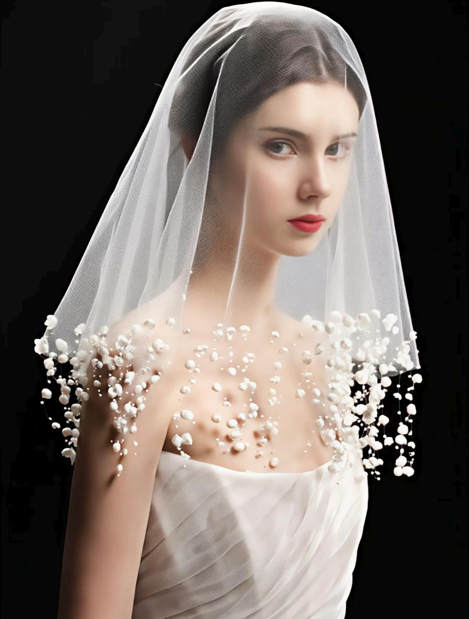 Short Lily of the Valley Beaded Wedding Veil, Handcrafted Floral Fringe Bridal Veil, Romantic Blusher Bride Accessory