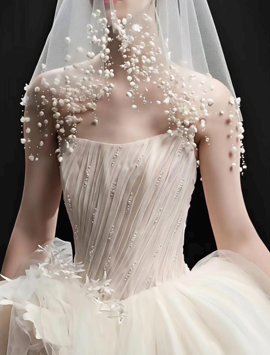 Short Lily of the Valley Beaded Wedding Veil, Handcrafted Floral Fringe Bridal Veil, Romantic Blusher Bride Accessory