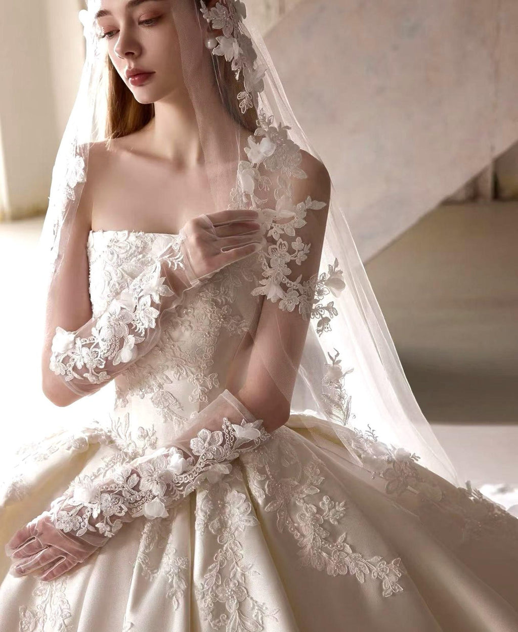 Satin Strapless Ball Gown Wedding Dress, Lace Appliqué Bridal Gown With Detachable Long Lace Gloves, 2M Train Luxury Wedding Gown