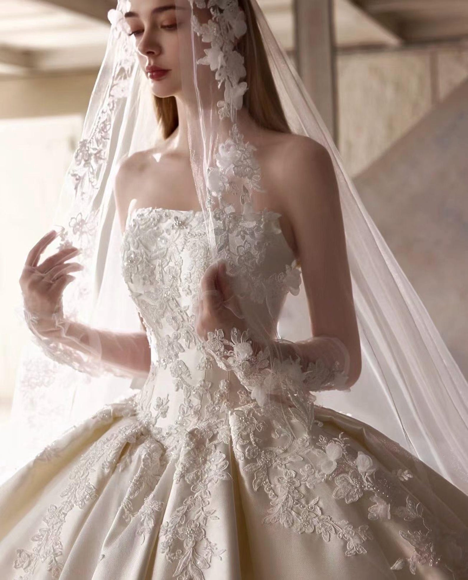 Satin Strapless Ball Gown Wedding Dress, Lace Appliqué Bridal Gown With Detachable Long Lace Gloves, 2M Train Luxury Wedding Gown