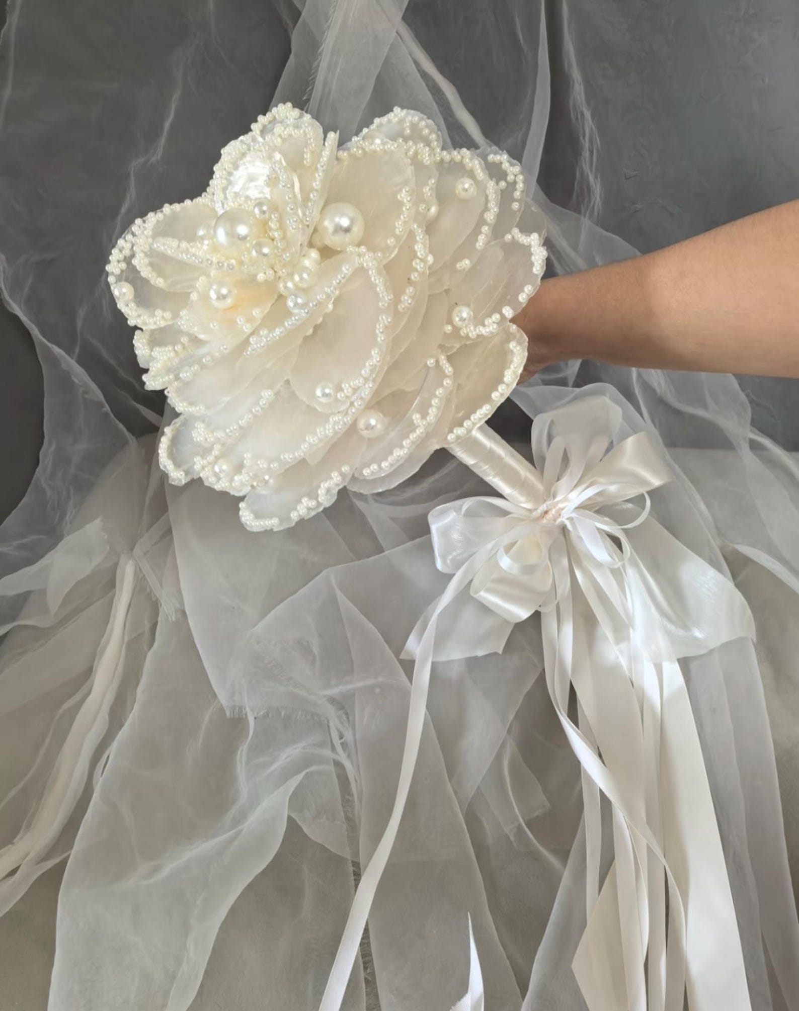 Luxury Handmade Pearl Bridal Bouquet, Ivory Fabric Flower Wedding Bouquet With Satin Ribbon Streamers