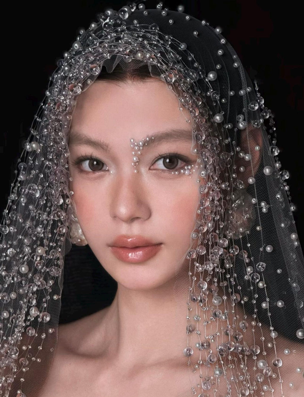 Luxury Crystal Pearl Bridal Veil, Beaded Bubble Net Wedding Veil, Sparkling Drop Bead Bridal Headpiece for Modern Bride