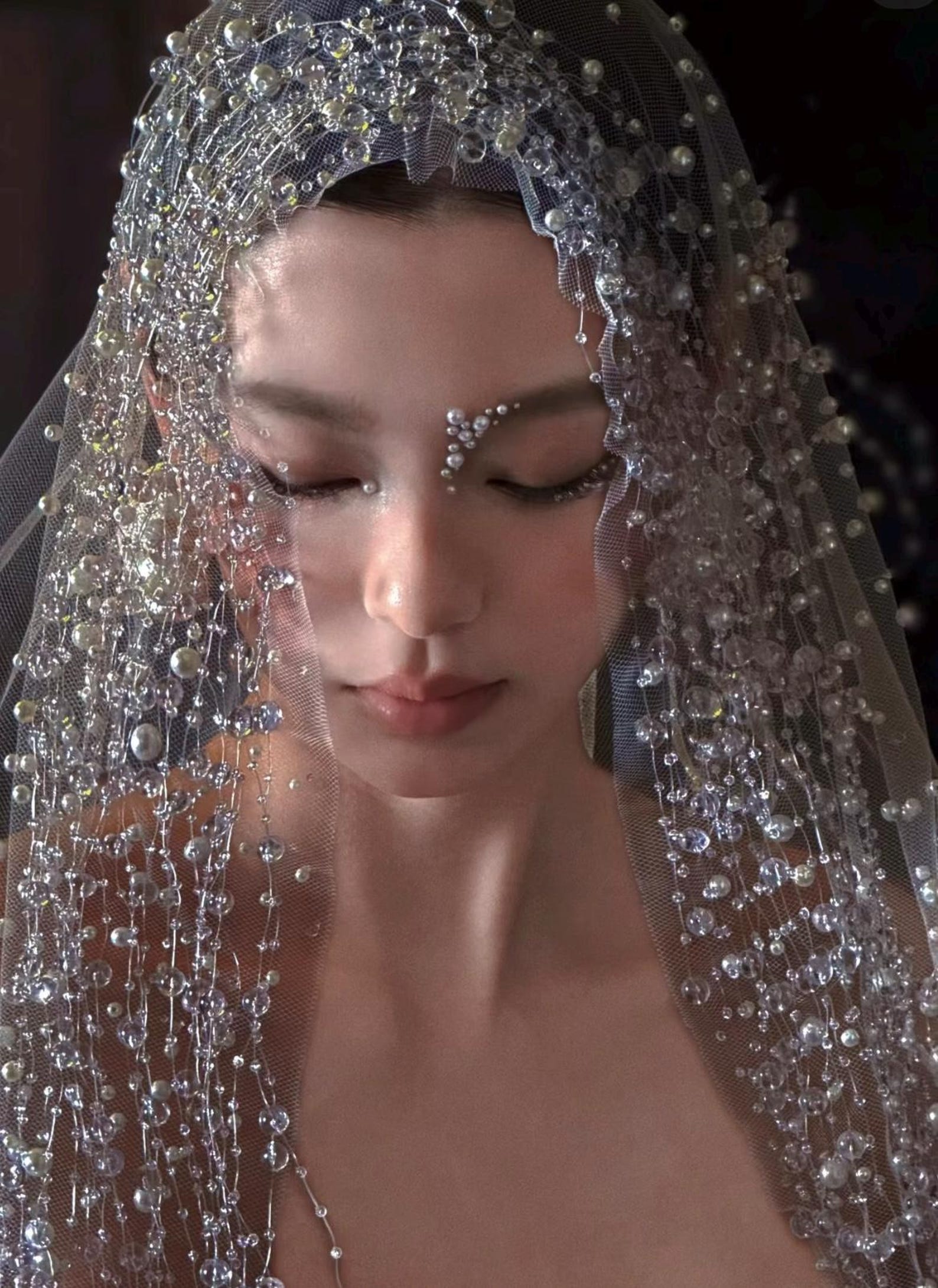 Luxury Crystal Pearl Bridal Veil, Beaded Bubble Net Wedding Veil, Sparkling Drop Bead Bridal Headpiece for Modern Bride