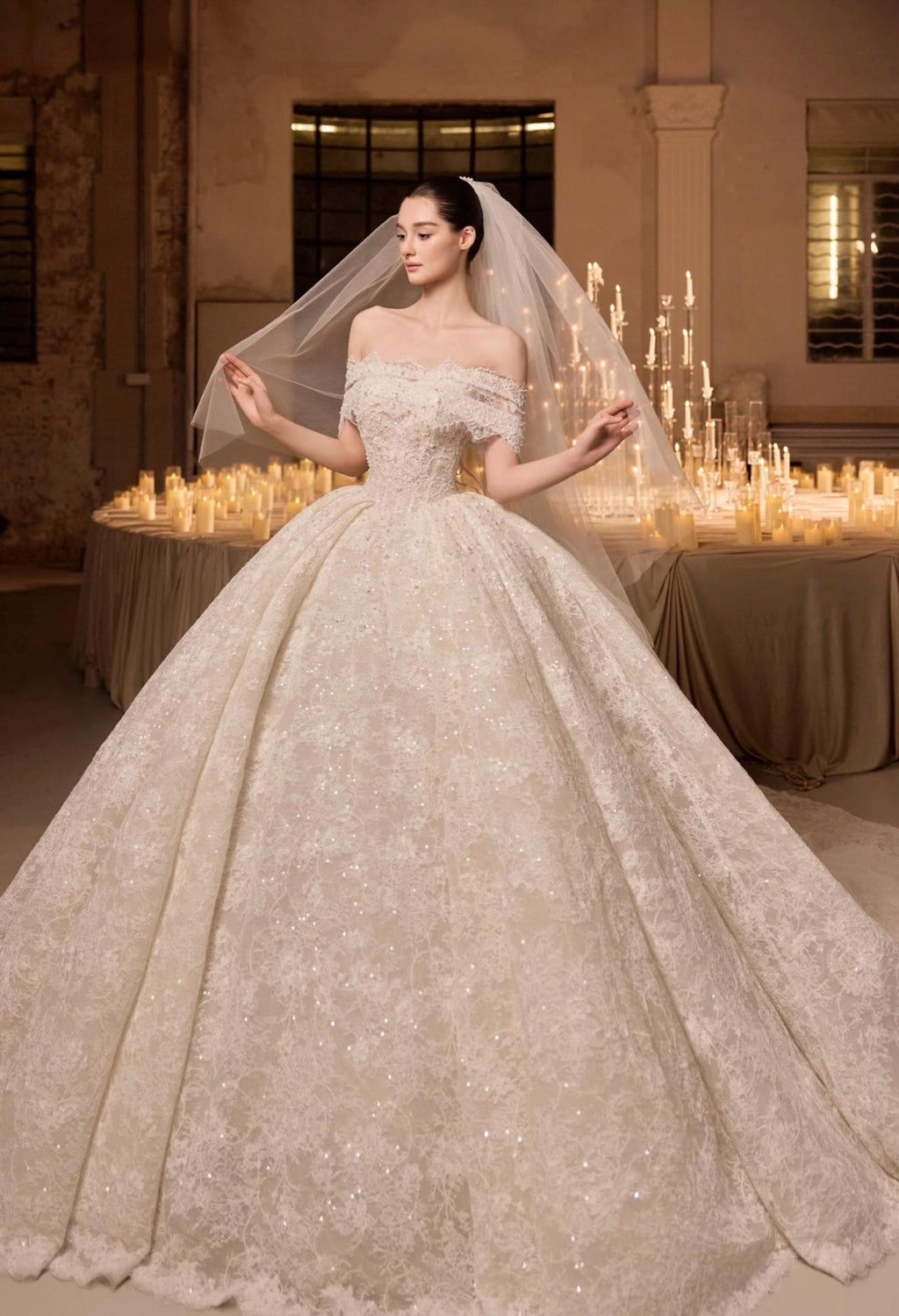 Detachable Off Shoulder Beaded Lace Wedding Dress Ball Gown Strapless Sweetheart Bridal Gown