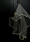 Wavy Pearl Edge Bridal Veil, Multi‑Size Pearl Beaded Wedding Veil, Scalloped Pearl Trim Tulle Veil, Vintage Bride Veil