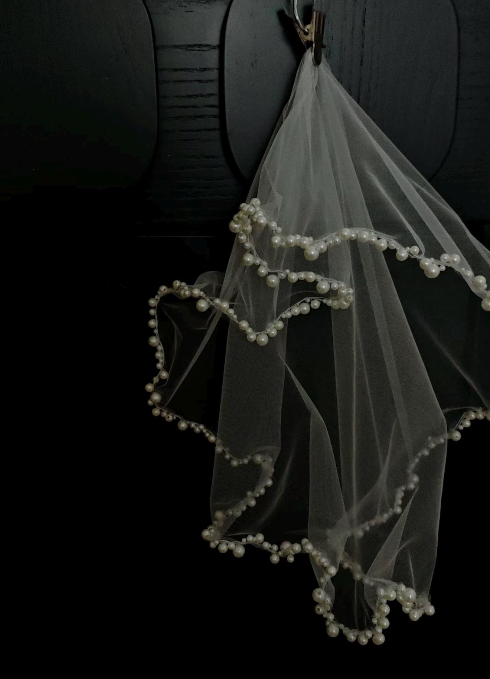 Wavy Pearl Edge Bridal Veil, Multi‑Size Pearl Beaded Wedding Veil, Scalloped Pearl Trim Tulle Veil, Vintage Bride Veil