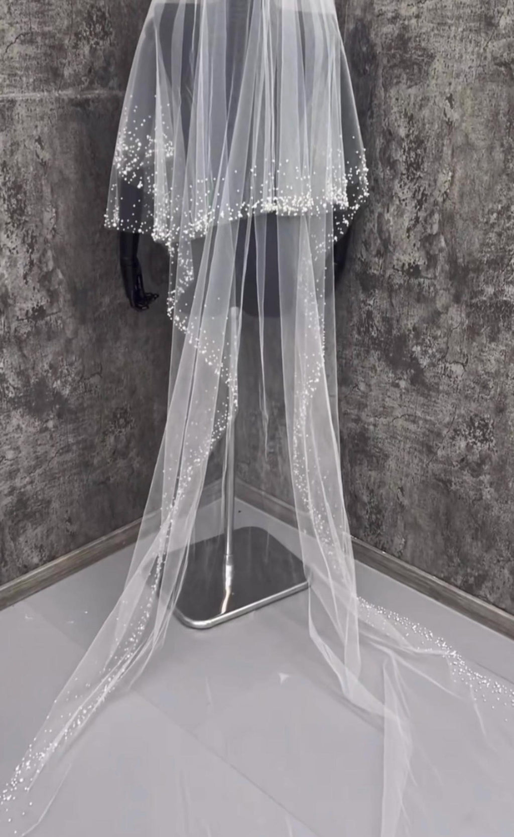 Two‑Tier Beaded Edge Cathedral Veil, Sprinkle Pearl Trim Long Wedding Veil, Sparkling Beaded Bridal Veil With Train