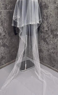 Two‑Tier Beaded Edge Cathedral Veil, Sprinkle Pearl Trim Long Wedding Veil, Sparkling Beaded Bridal Veil With Train