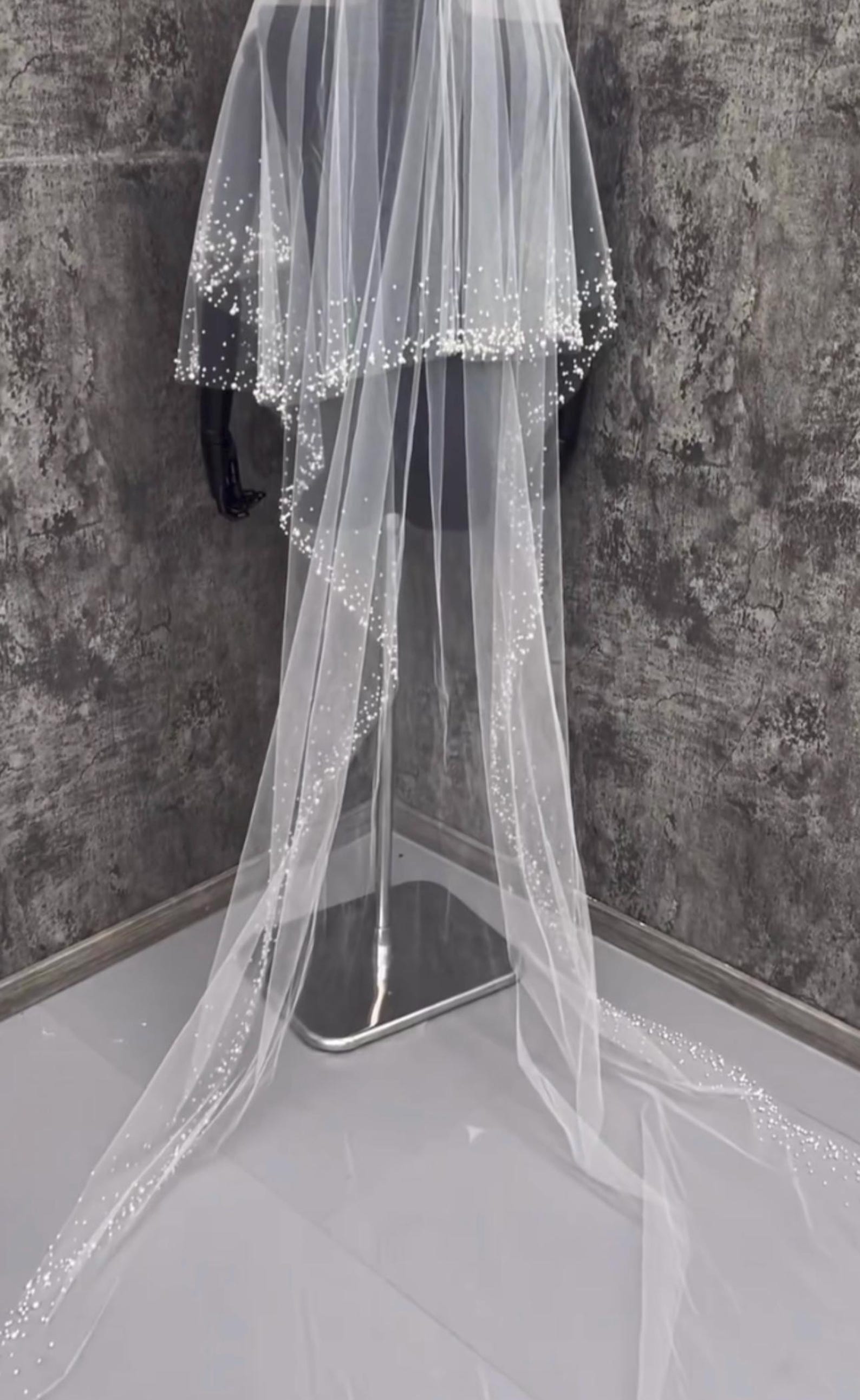 Two‑Tier Beaded Edge Cathedral Veil, Sprinkle Pearl Trim Long Wedding Veil, Sparkling Beaded Bridal Veil With Train