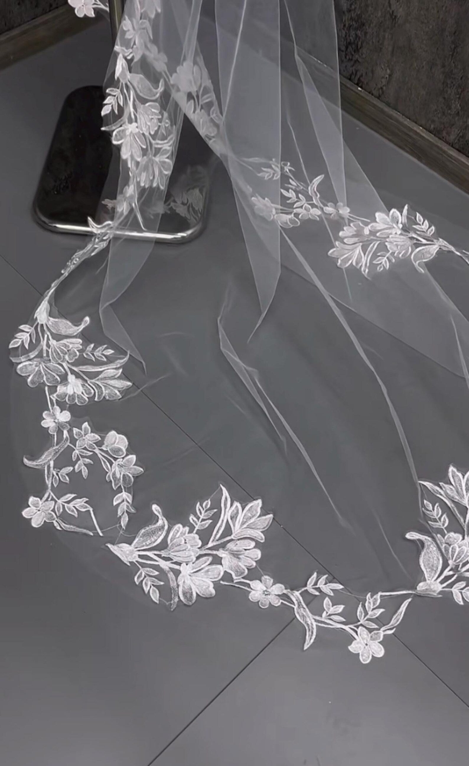 Two‑Tier Floral Lace Cathedral Veil, Large Flower Lace Trim Bridal Veil, Romantic Embroidered Long Wedding Veil With Blusher