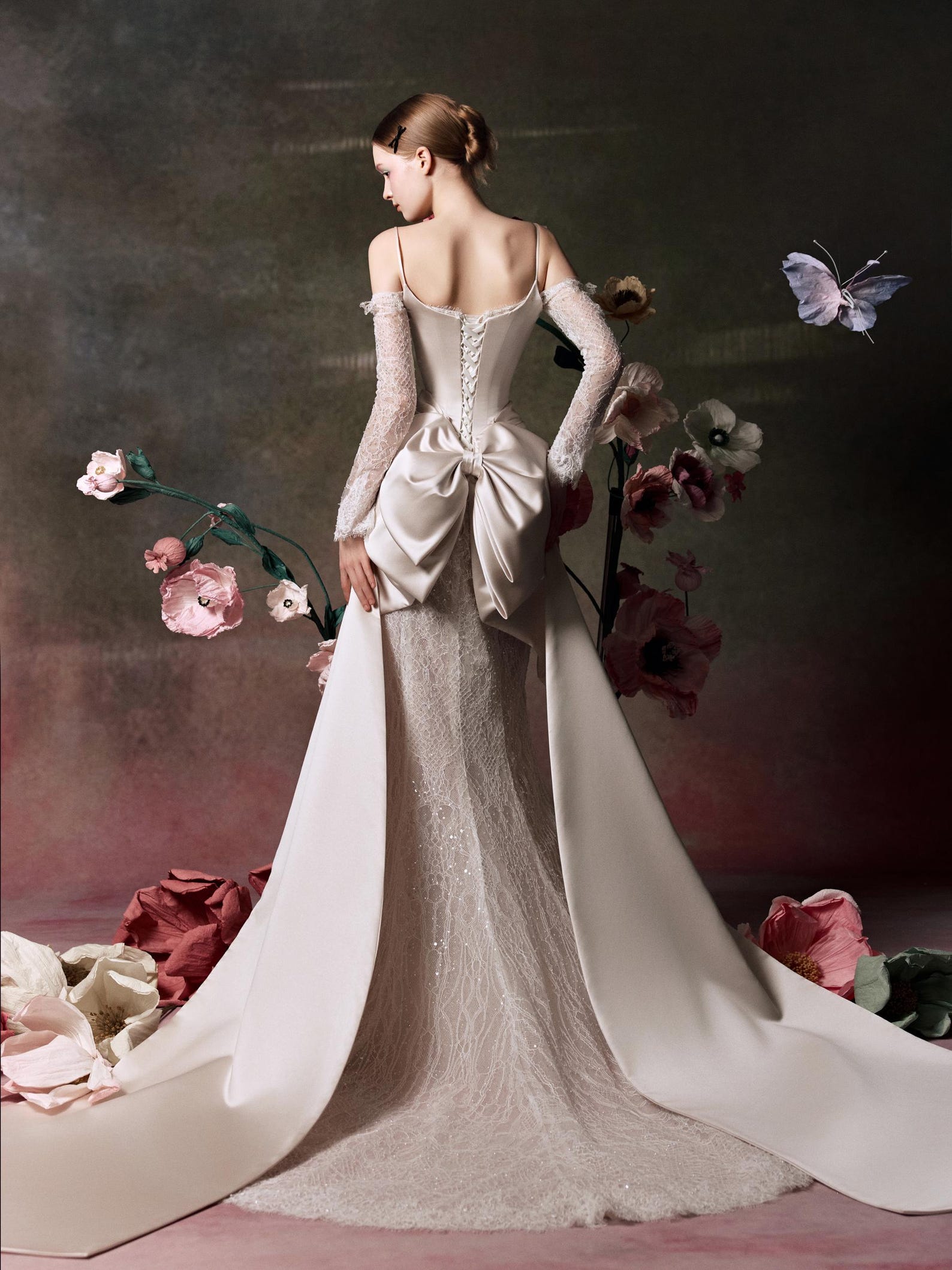 Detachable Long Sleeve Mermaid Wedding Dress, Off‑the‑Shoulder Lace Bridal Gown With Removable Satin Bow, Vintage Oil Painting Bride Dress