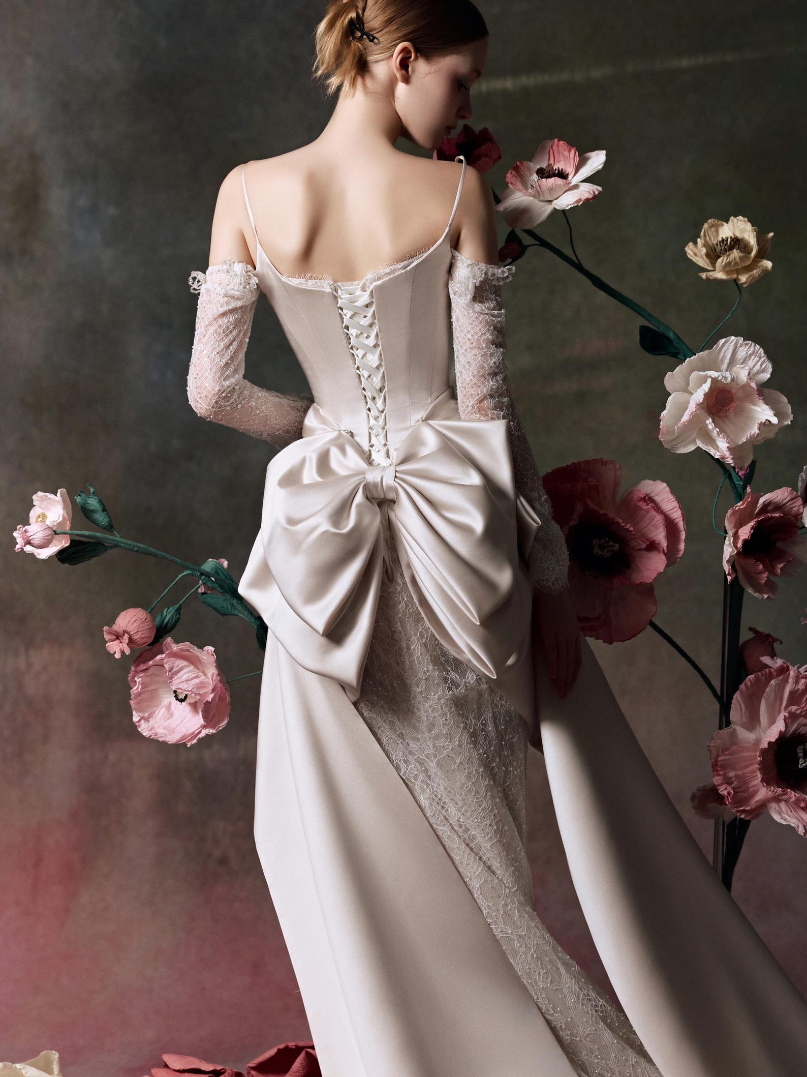 Detachable Long Sleeve Mermaid Wedding Dress, Off‑the‑Shoulder Lace Bridal Gown With Removable Satin Bow, Vintage Oil Painting Bride Dress