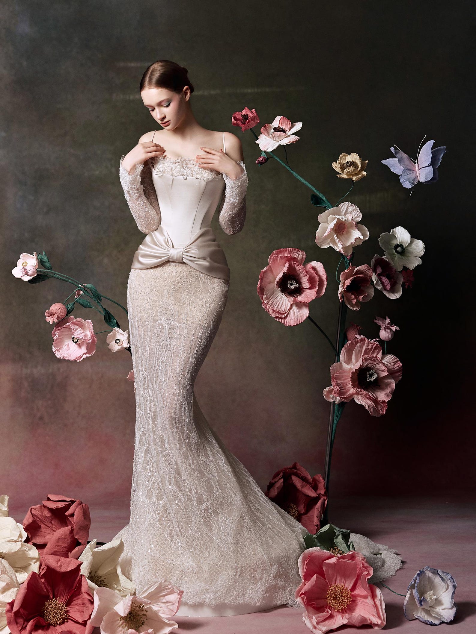 Detachable Long Sleeve Mermaid Wedding Dress, Off‑the‑Shoulder Lace Bridal Gown With Removable Satin Bow, Vintage Oil Painting Bride Dress