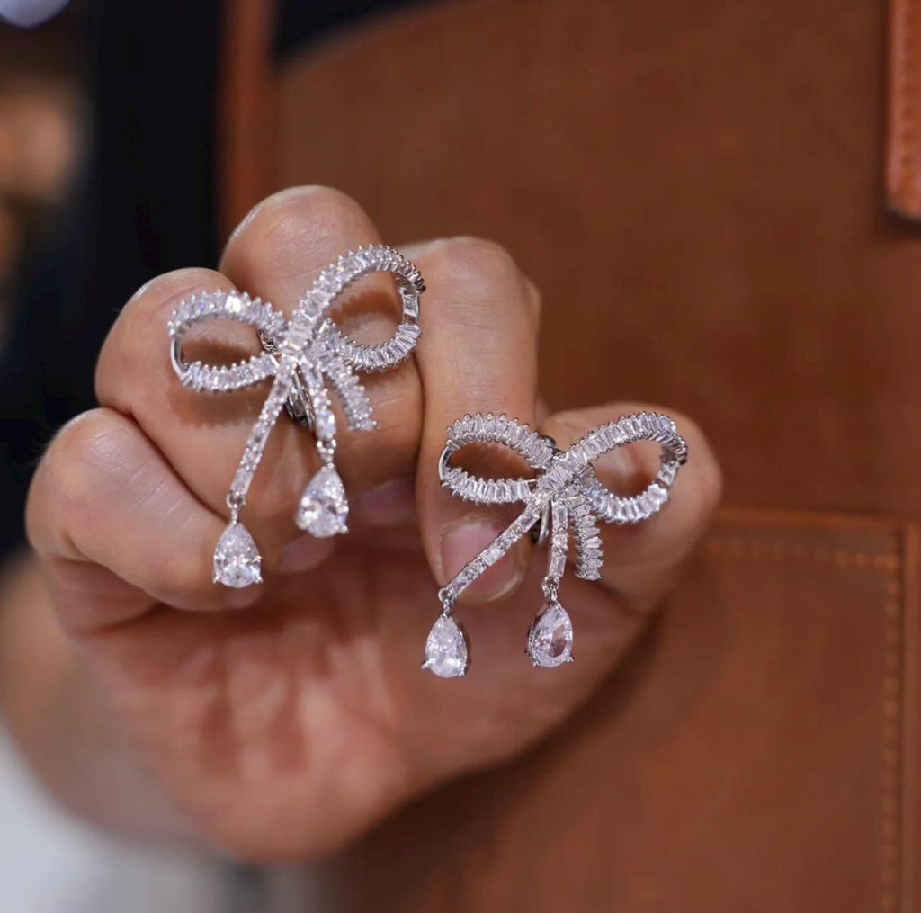 Rhinestone Bow Drop Earrings, Teardrop Crystal Dangle Earrings, Bridal Wedding Earrings for Cheongsam