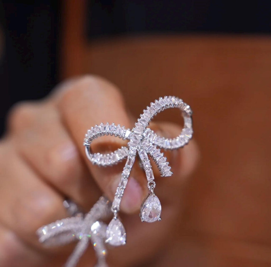 Rhinestone Bow Drop Earrings, Teardrop Crystal Dangle Earrings, Bridal Wedding Earrings for Cheongsam