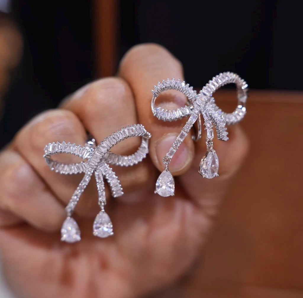 Rhinestone Bow Drop Earrings, Teardrop Crystal Dangle Earrings, Bridal Wedding Earrings for Cheongsam