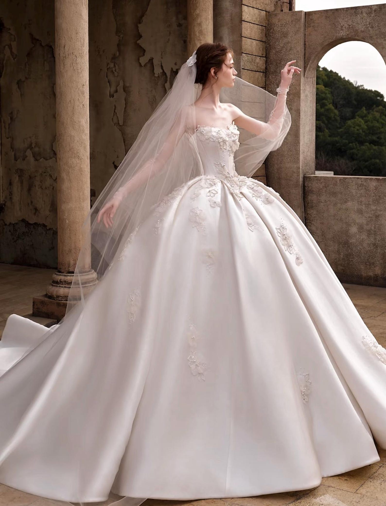 Strapless Satin Ballgown Wedding Dress, 3D Floral Appliques Extended Train Bridal Gown, Puffy Princess Wedding Gown With Sheer Long Sleeve