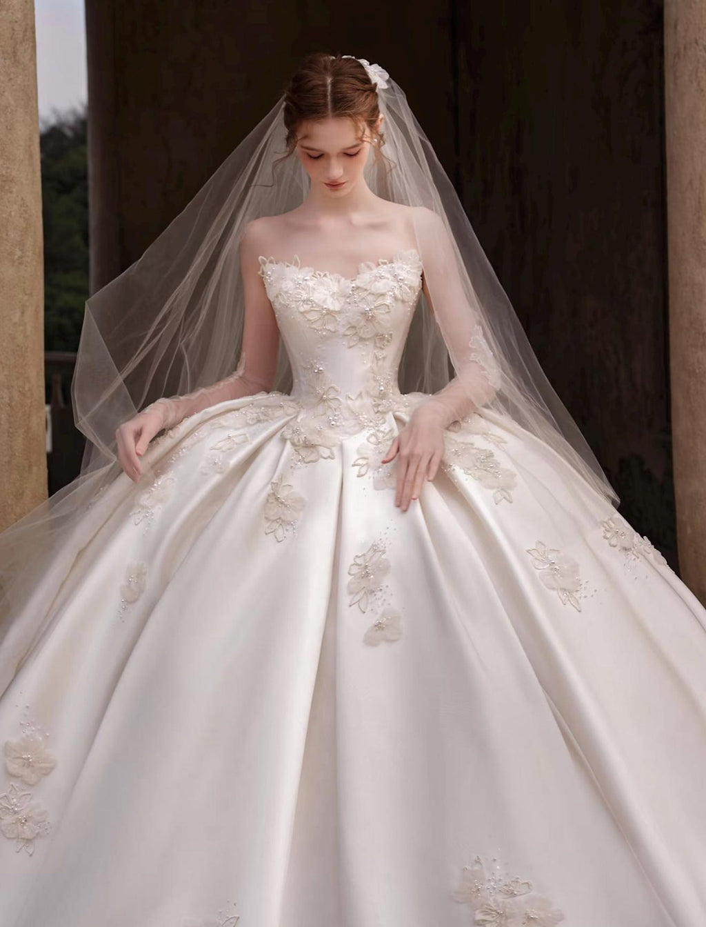 Strapless Satin Ballgown Wedding Dress, 3D Floral Appliques Extended Train Bridal Gown, Puffy Princess Wedding Gown With Sheer Long Sleeve
