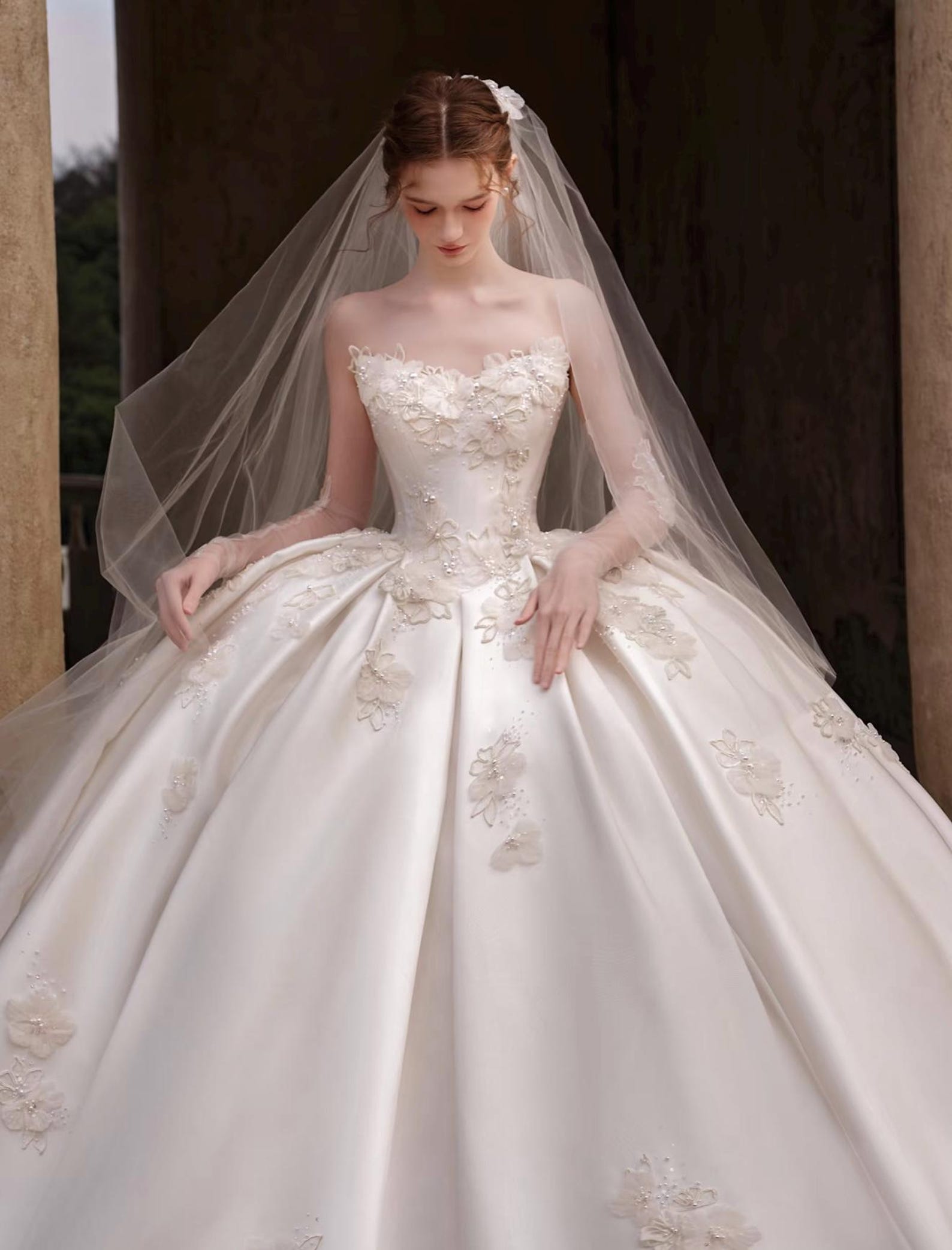 Strapless Satin Ballgown Wedding Dress, 3D Floral Appliques Extended Train Bridal Gown, Puffy Princess Wedding Gown With Sheer Long Sleeve