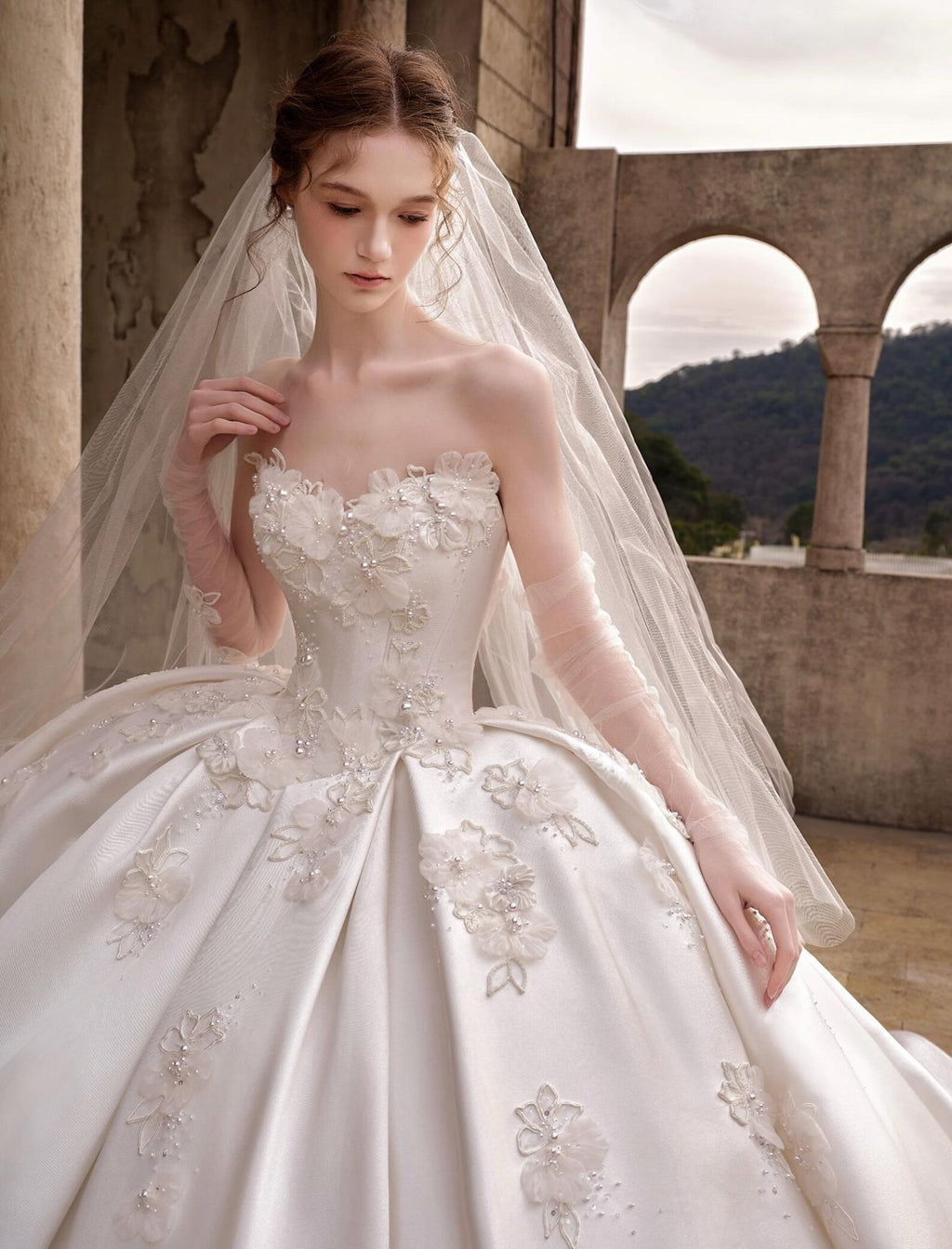 Strapless Satin Ballgown Wedding Dress, 3D Floral Appliques Extended Train Bridal Gown, Puffy Princess Wedding Gown With Sheer Long Sleeve