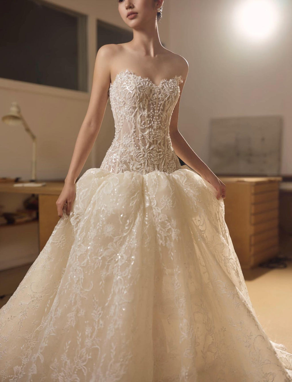 Strapless Floral Lace Wedding Dress, Sheer Boned Corset Bridal Gown, Sparkly A Line Wedding Gown With Train, Romantic Vintage Wedding Dress