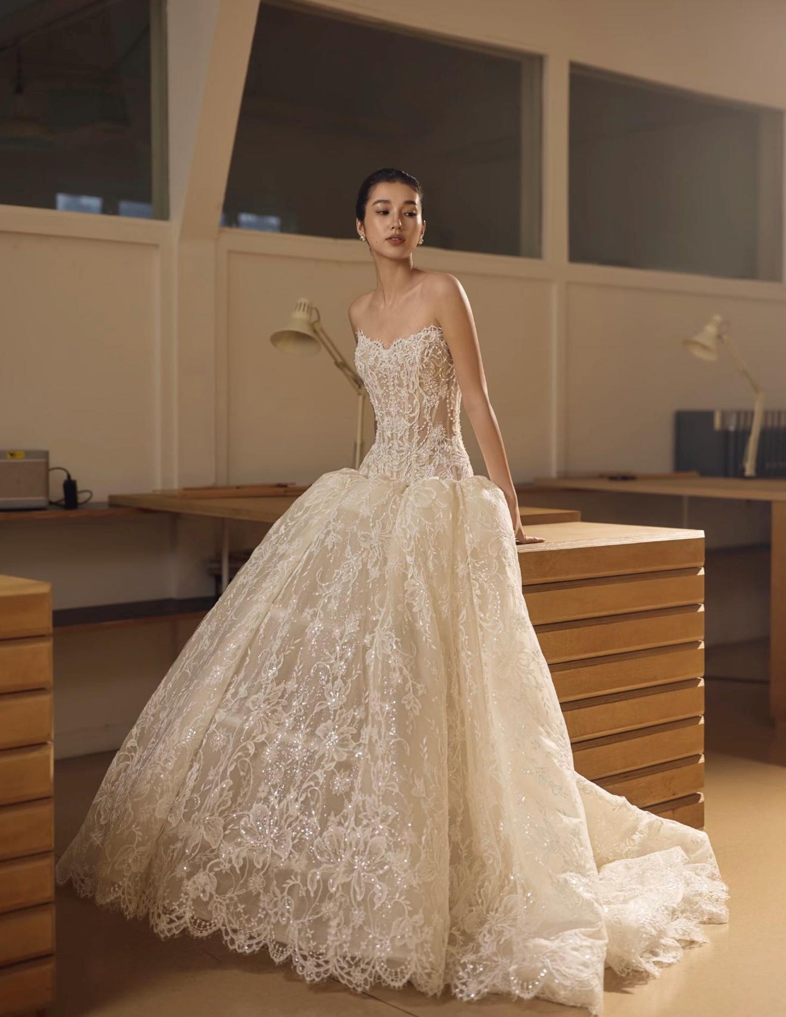 Strapless Floral Lace Wedding Dress, Sheer Boned Corset Bridal Gown, Sparkly A Line Wedding Gown With Train, Romantic Vintage Wedding Dress