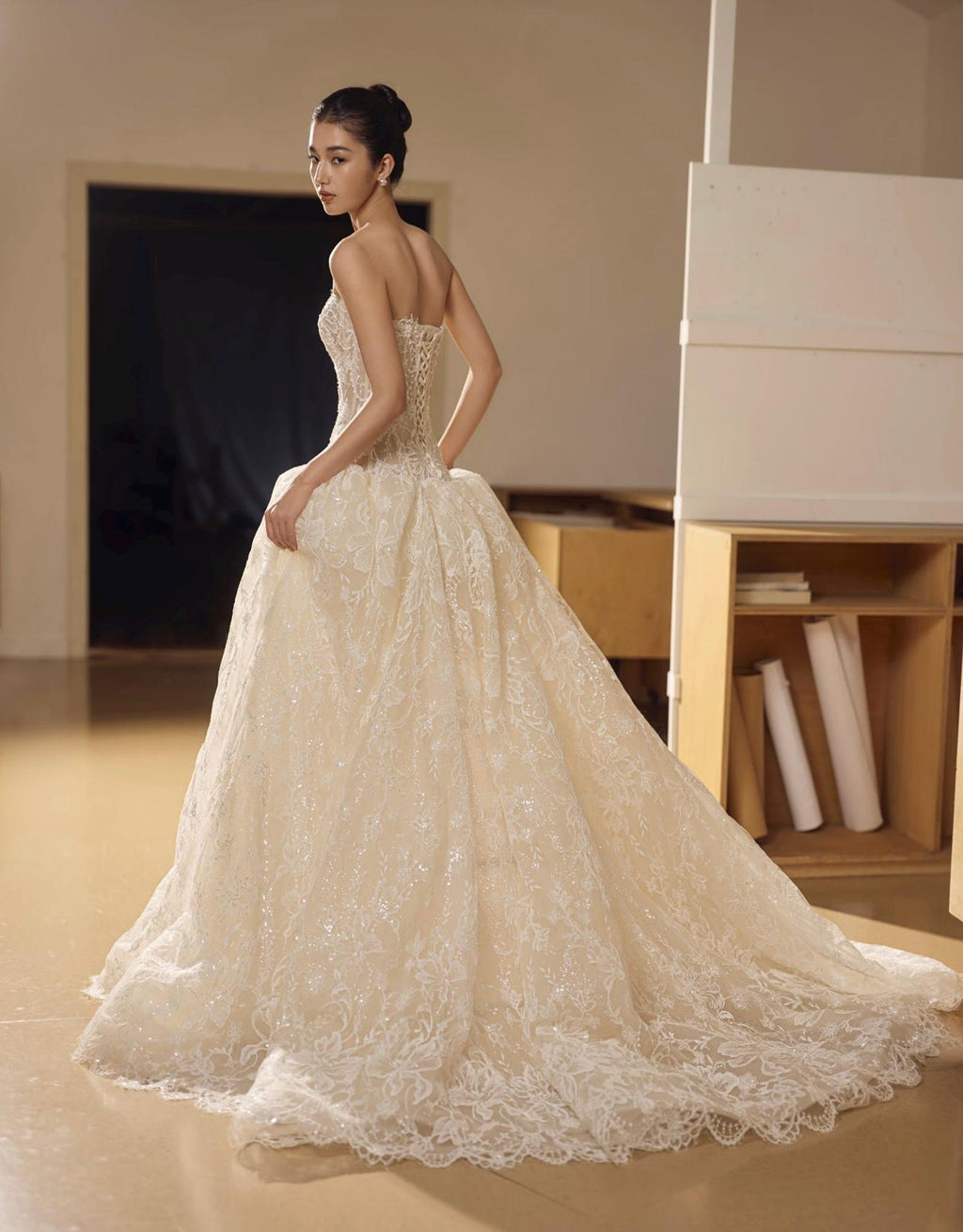 Strapless Floral Lace Wedding Dress, Sheer Boned Corset Bridal Gown, Sparkly A Line Wedding Gown With Train, Romantic Vintage Wedding Dress