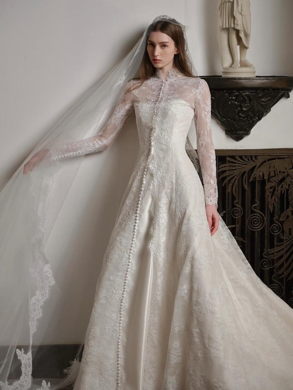 3 Ways Wear Snow Mountain Nuo Satin Bridal Gown, Removable Lace Sleeves, Off Shoulder / High Neck Convertible Vintage Wedding Dress