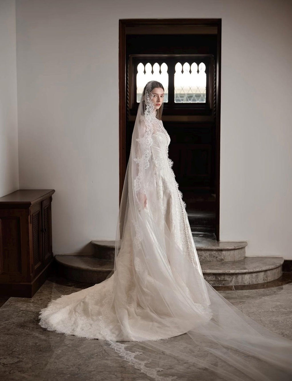 3 Ways Wear Snow Mountain Nuo Satin Bridal Gown, Removable Lace Sleeves, Off Shoulder / High Neck Convertible Vintage Wedding Dress