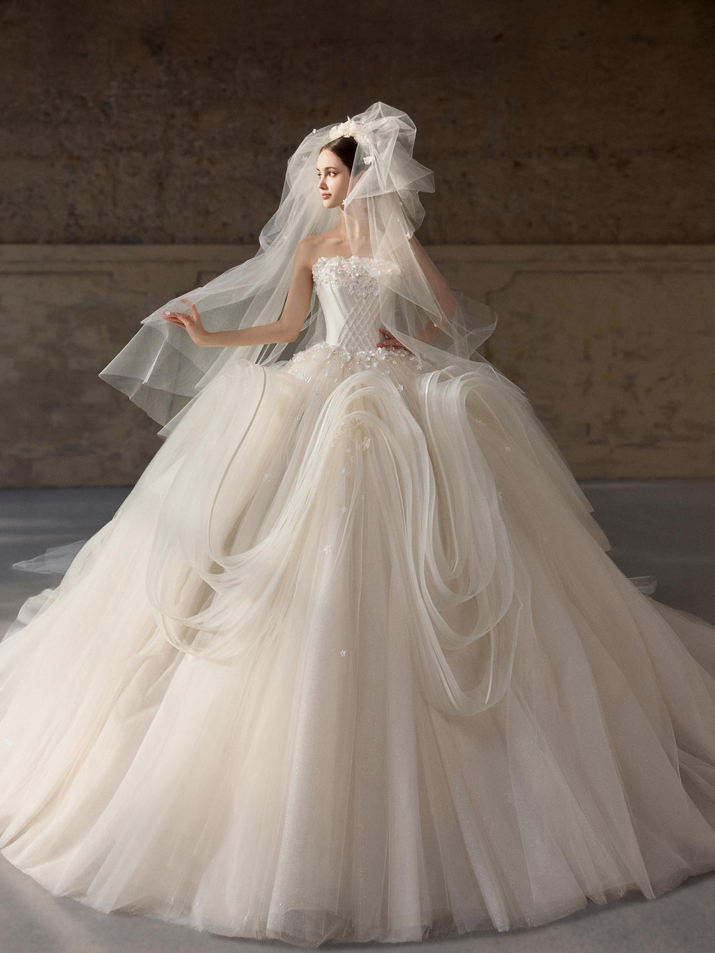Strapless Corset Ball Gown Wedding Dress, 3D Floral Tulle Bridal Gown, Ruffled Princess Wedding Dress with Train, Custom Size