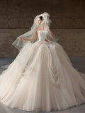 Strapless Corset Ball Gown Wedding Dress, 3D Floral Tulle Bridal Gown, Ruffled Princess Wedding Dress with Train, Custom Size