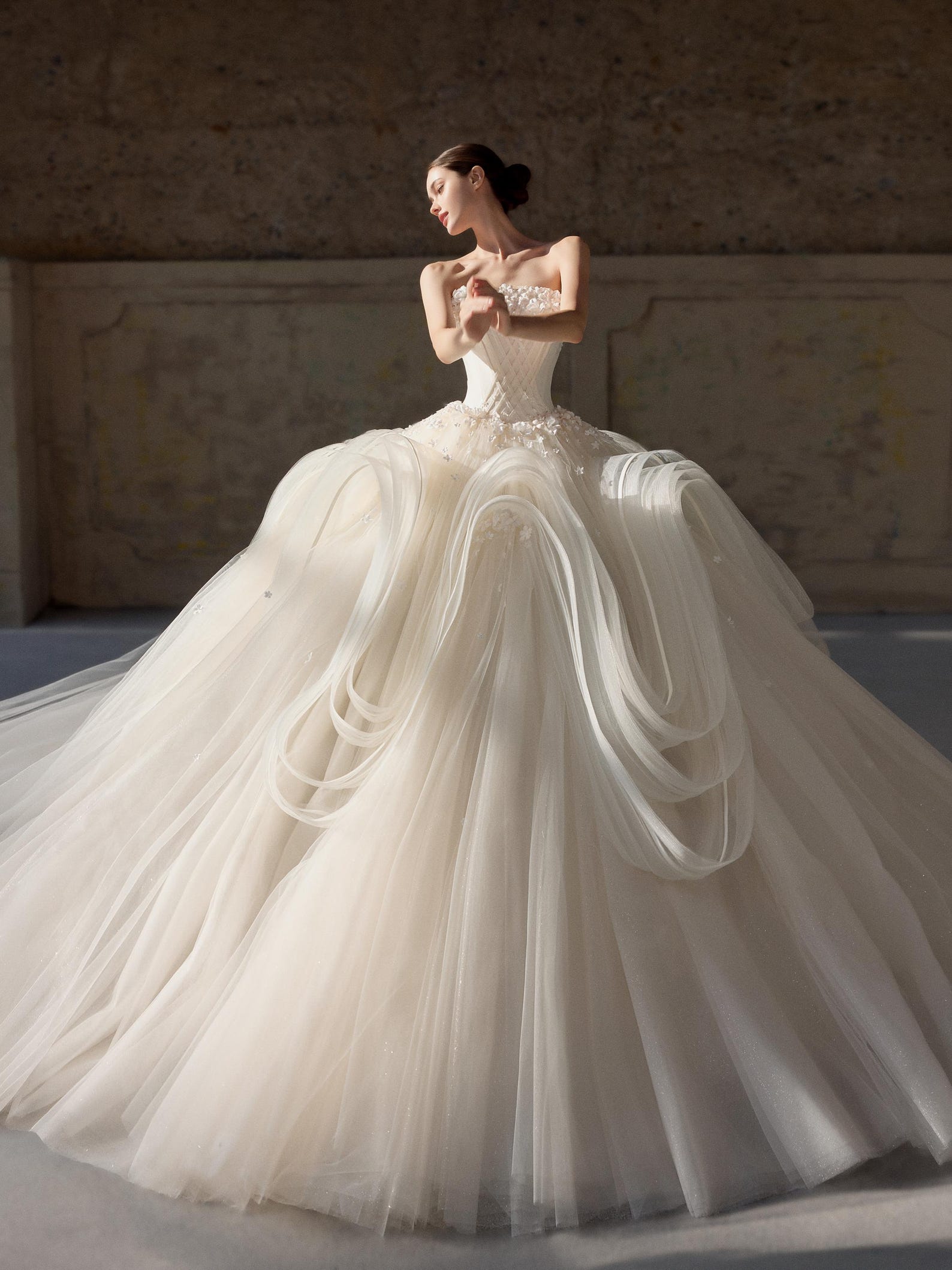 Strapless Corset Ball Gown Wedding Dress, 3D Floral Tulle Bridal Gown, Ruffled Princess Wedding Dress with Train, Custom Size