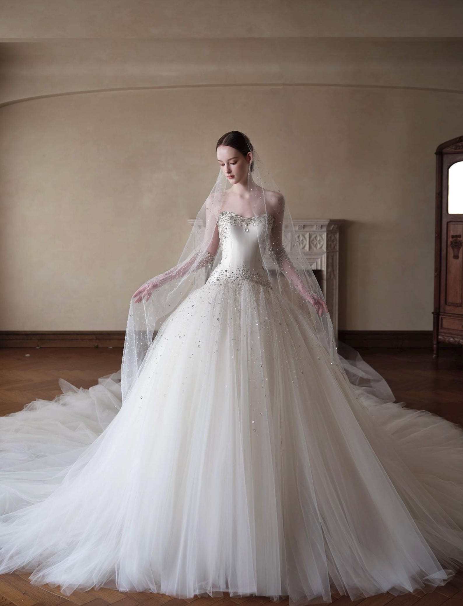 Strapless Sparkle Tulle Ball Gown Wedding Dress, Beaded Fitted Bodice Bridal Gown With Long Sparkly Veil, Royal Train Princess Wedding Dress