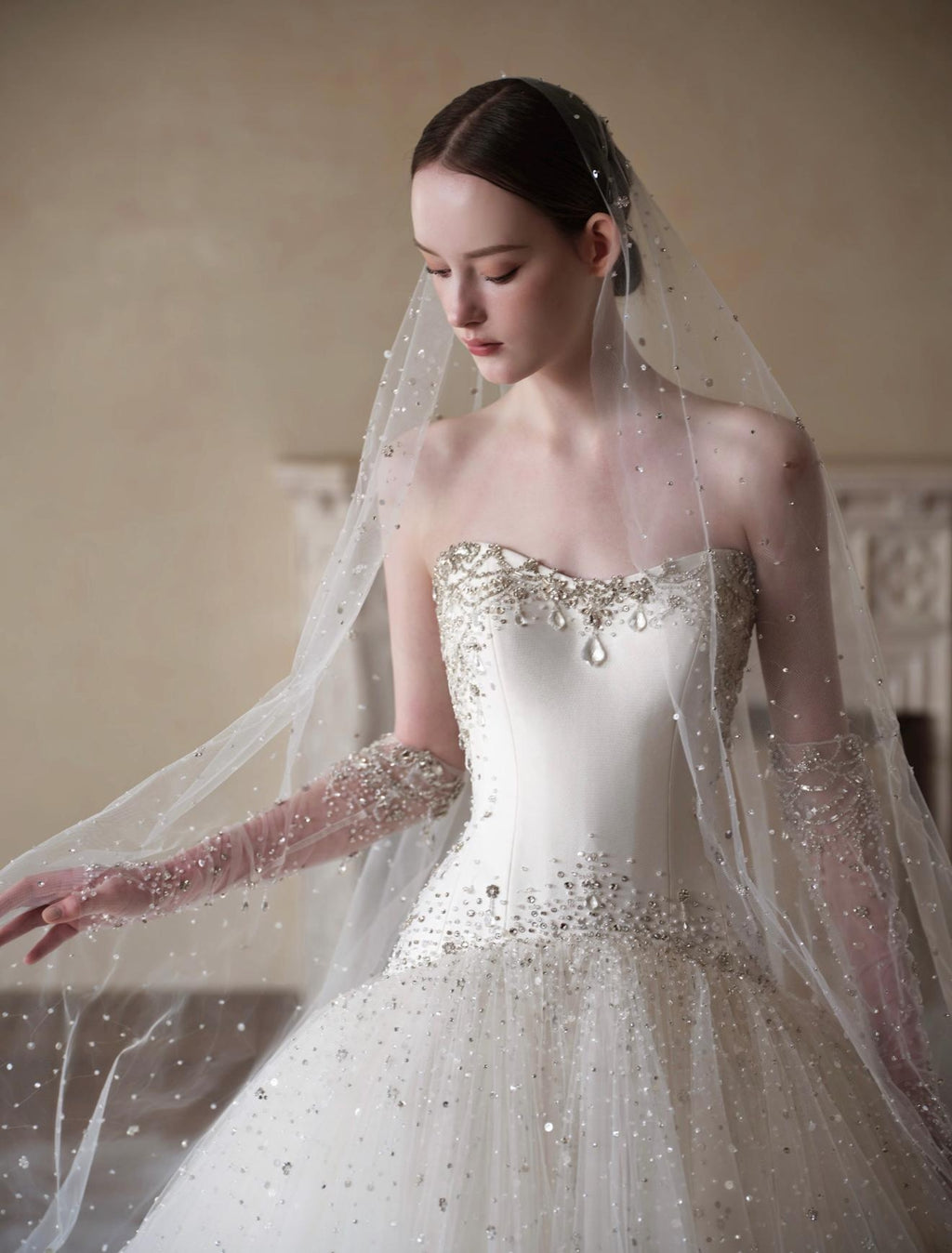Strapless Sparkle Tulle Ball Gown Wedding Dress, Beaded Fitted Bodice Bridal Gown With Long Sparkly Veil, Royal Train Princess Wedding Dress