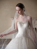 Strapless Sparkle Tulle Ball Gown Wedding Dress, Beaded Fitted Bodice Bridal Gown With Long Sparkly Veil, Royal Train Princess Wedding Dress