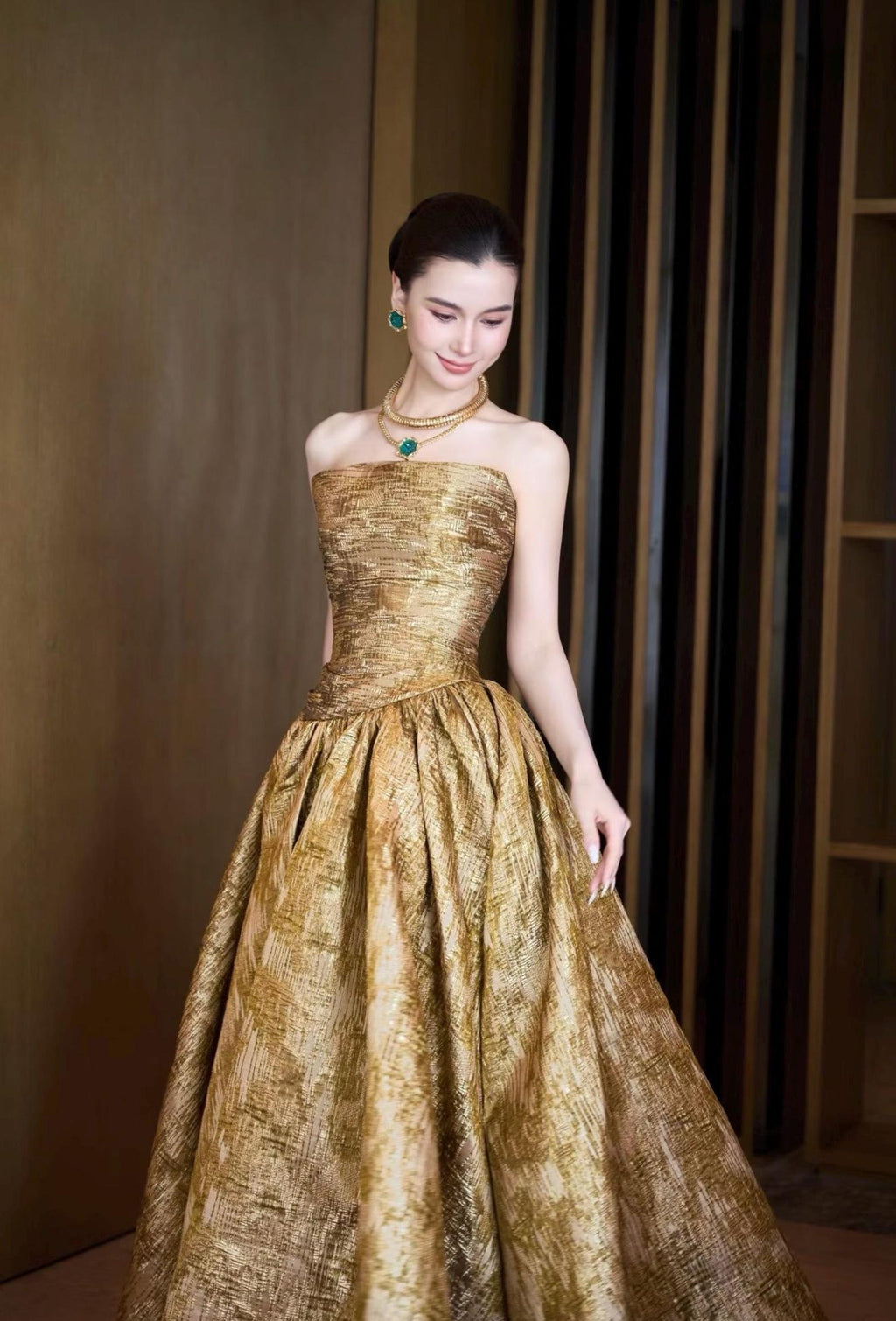 Luxury Gold Metallic Strapless Ball Gown, Textured Brocade Evening Dress, Formal Prom Gala Red Carpet Gown, Custom Fit