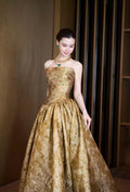 Luxury Gold Metallic Strapless Ball Gown, Textured Brocade Evening Dress, Formal Prom Gala Red Carpet Gown, Custom Fit