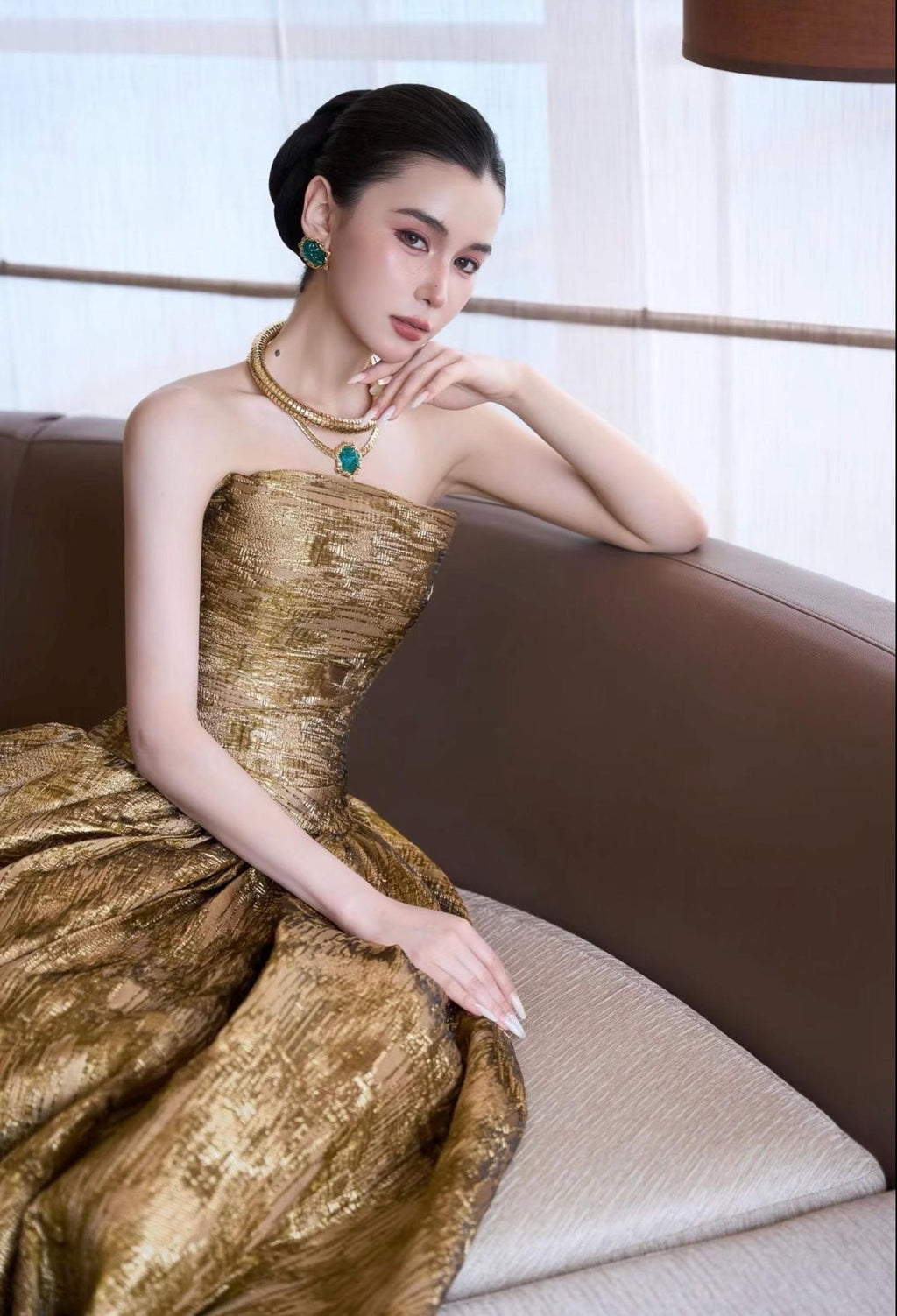 Luxury Gold Metallic Strapless Ball Gown, Textured Brocade Evening Dress, Formal Prom Gala Red Carpet Gown, Custom Fit