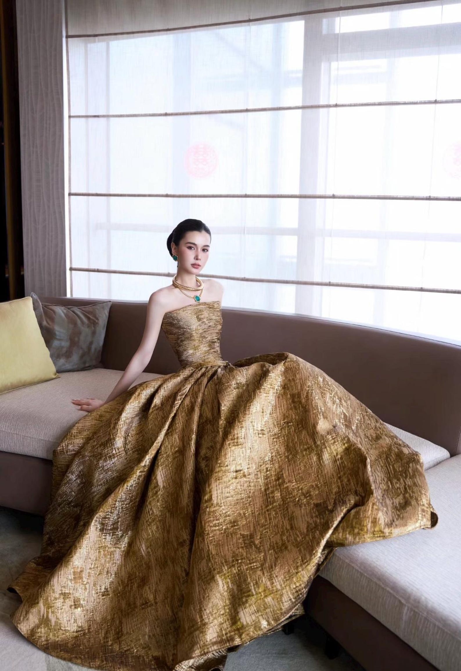 Luxury Gold Metallic Strapless Ball Gown, Textured Brocade Evening Dress, Formal Prom Gala Red Carpet Gown, Custom Fit
