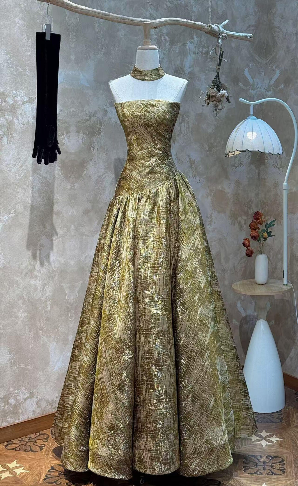 Luxury Gold Metallic Strapless Ball Gown, Textured Brocade Evening Dress, Formal Prom Gala Red Carpet Gown, Custom Fit