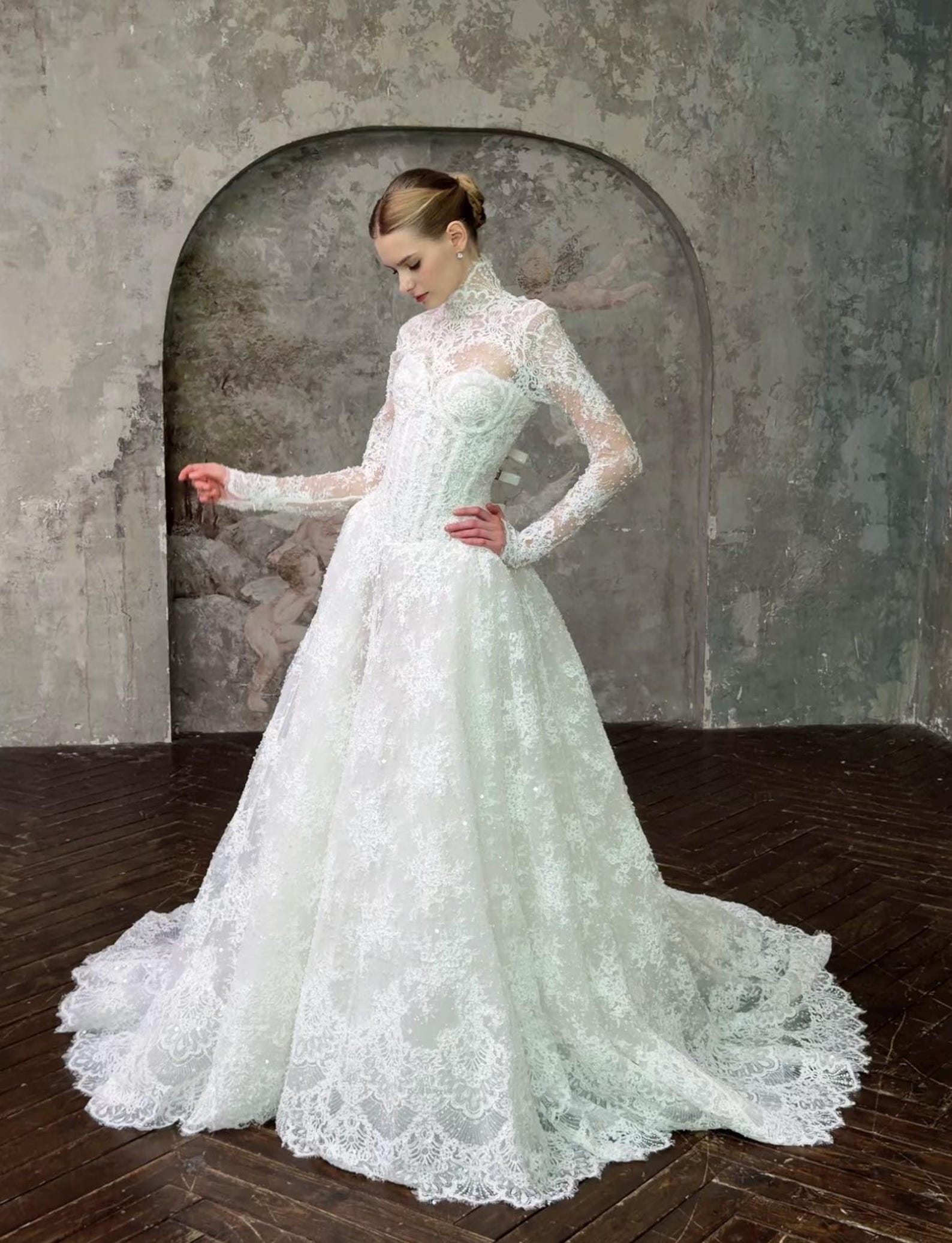 Vintage High Neck Long Sleeve Lace Wedding Dress, Beaded Illusion Bodice, Elegant A-Line Bridal Gown, Custom Made